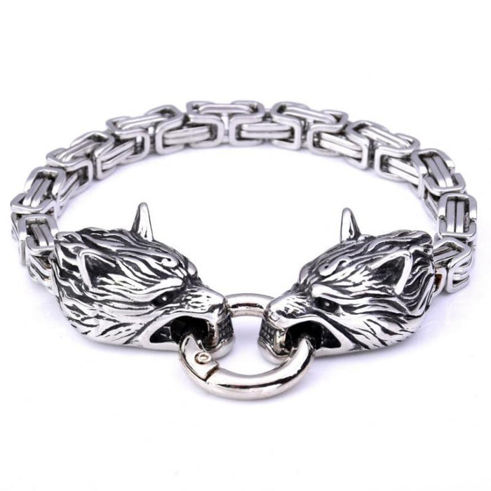 Double Bracelet with Twin Wolf Heads: silver, dark gray accents two wolf heads, animal-themed, bold style
