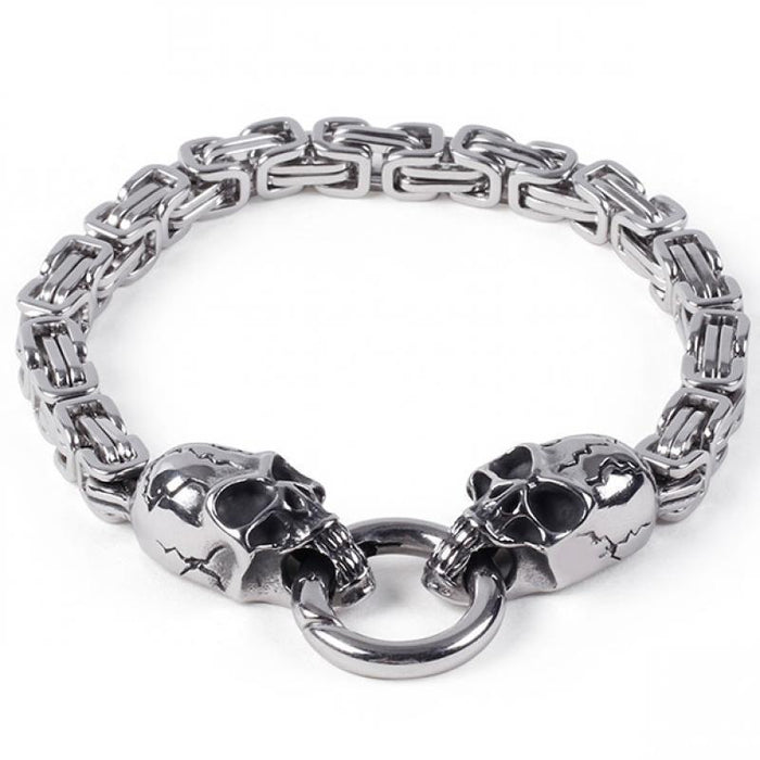 Double Bracelet with Twin Wolf Heads: silver, dark gray accents two wolf heads, animal-themed, bold style