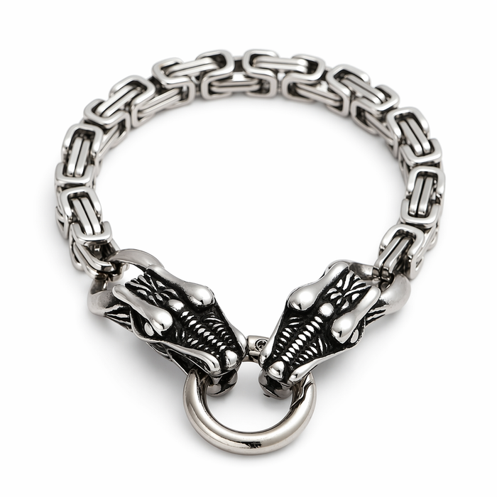 Double Bracelet with Twin Wolf Heads Snake