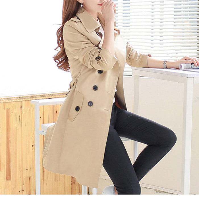 Double-Breasted Khaki Trench Coat for Women's Timeless Style: beige, tan double-breasted trench coat, classic tailored street