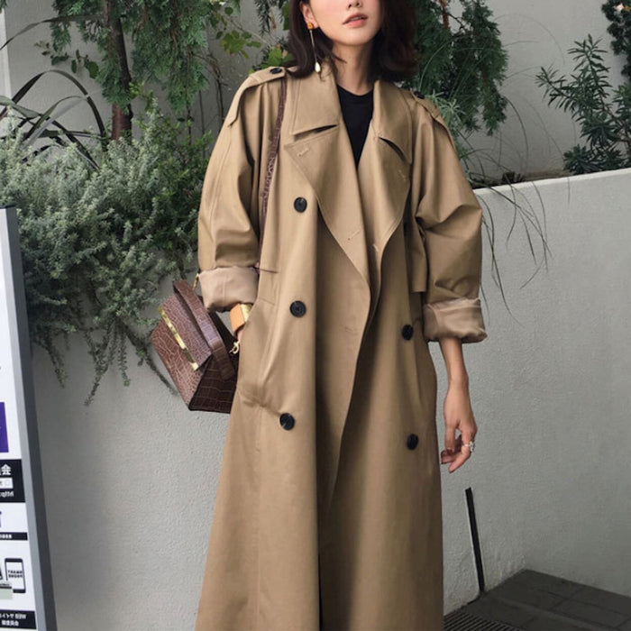 Double-Breasted Long Trench Coat for Women: beige, black trench coat, classic minimalist style