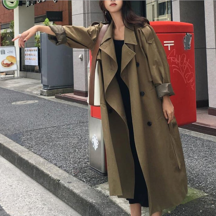 Double-Breasted Long Trench Coat for Women: beige, black trench coat, classic minimalist style