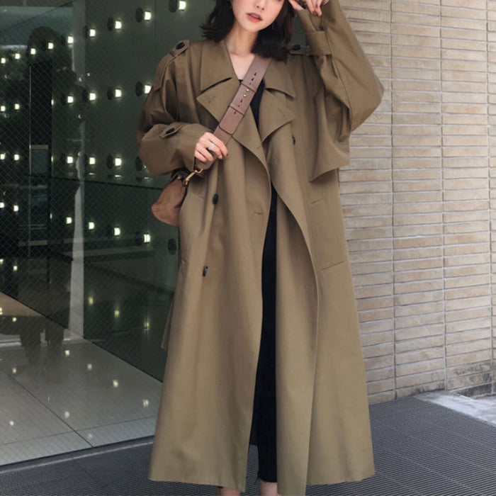 Double-Breasted Long Trench Coat for Women: beige, black trench coat, classic minimalist style