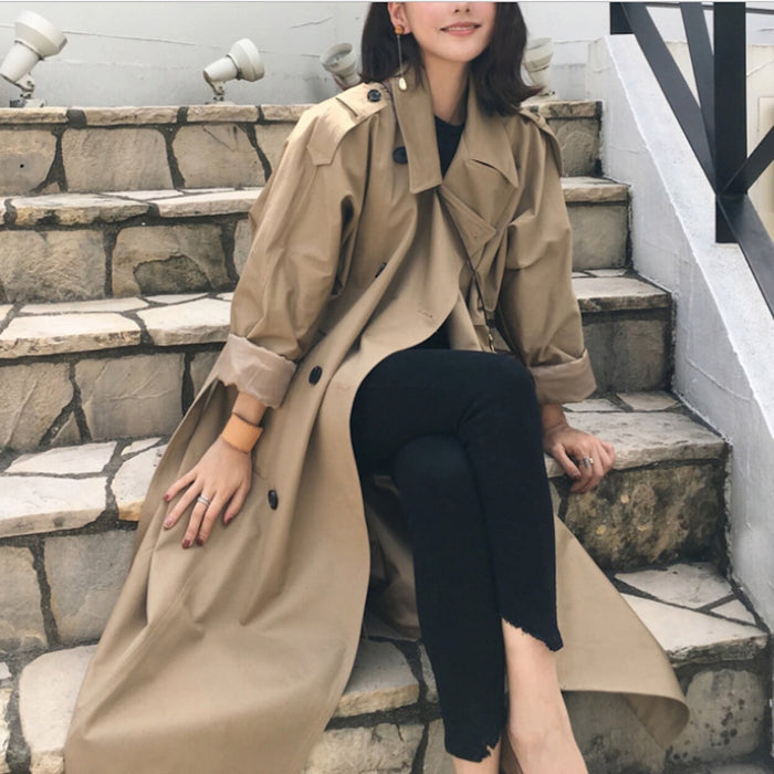 Double-Breasted Long Trench Coat for Women: beige, black trench coat, classic minimalist style