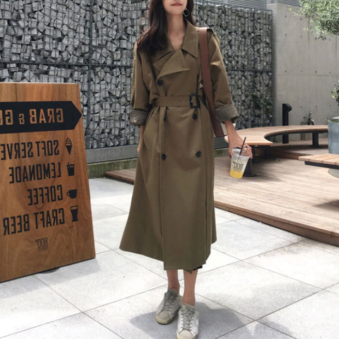 Double-Breasted Long Trench Coat for Women: beige, black trench coat, classic minimalist style