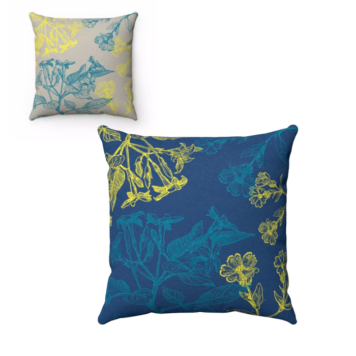 Double Sided Faux Suede Cushion with Blooming Floral Design, Available in 4 Sizes: navy blue, teal botanical floral pattern