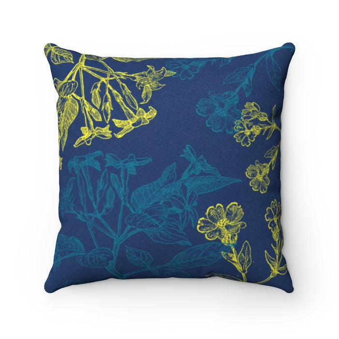 Double Sided Faux Suede Cushion with Blooming Floral Design, Available in 4 Sizes: navy blue, teal botanical floral pattern