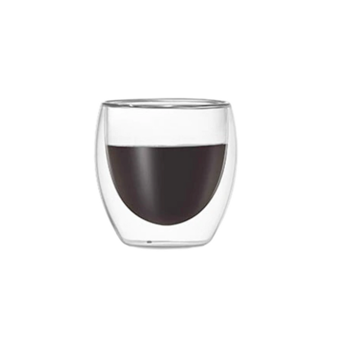 Double Wall Glass Cup that is Resistant to Heat: clear, dark brown double-walled drinking glass with dark beverage, minimal s