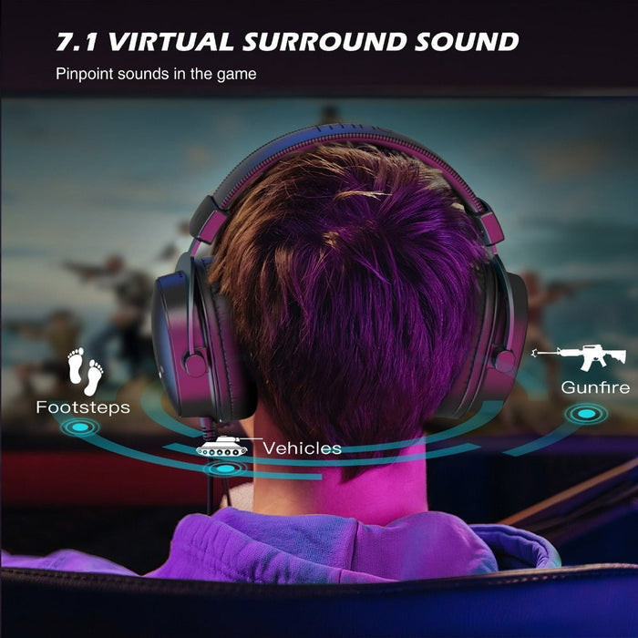 Dragon 9 Enhanced Gaming Headphones with Immersive 7.1 Surround Sound: black, dark gray person wearing over-ear gaming headph
