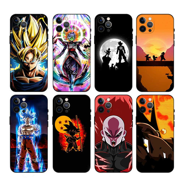 Dragon Ball Phone Cases with Character Designs: black, orange Dragon Ball anime characters and scenes, cartoon anime style