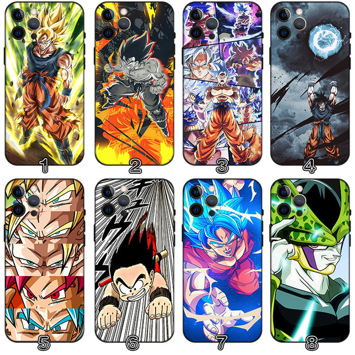 Dragon Ball Phone Cases with Character Designs: black, orange Dragon Ball anime characters and scenes, cartoon anime style