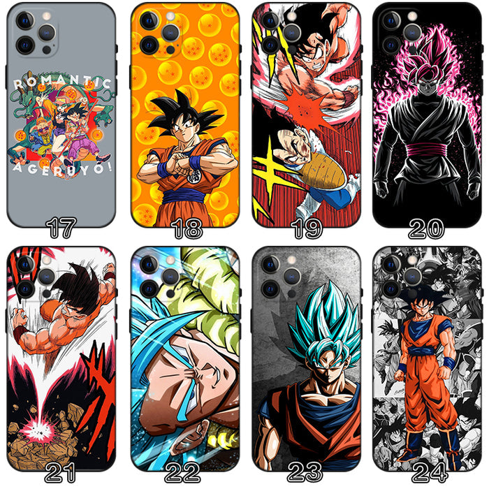 Dragon Ball Phone Cases with Character Designs: black, orange Dragon Ball anime characters and scenes, cartoon anime style
