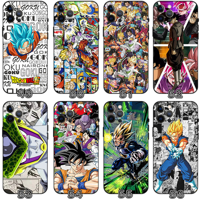 Dragon Ball Phone Cases with Character Designs: black, orange Dragon Ball anime characters and scenes, cartoon anime style