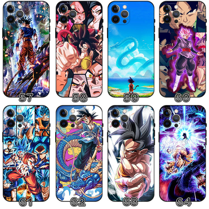 Dragon Ball Phone Cases with Character Designs: black, orange Dragon Ball anime characters and scenes, cartoon anime style