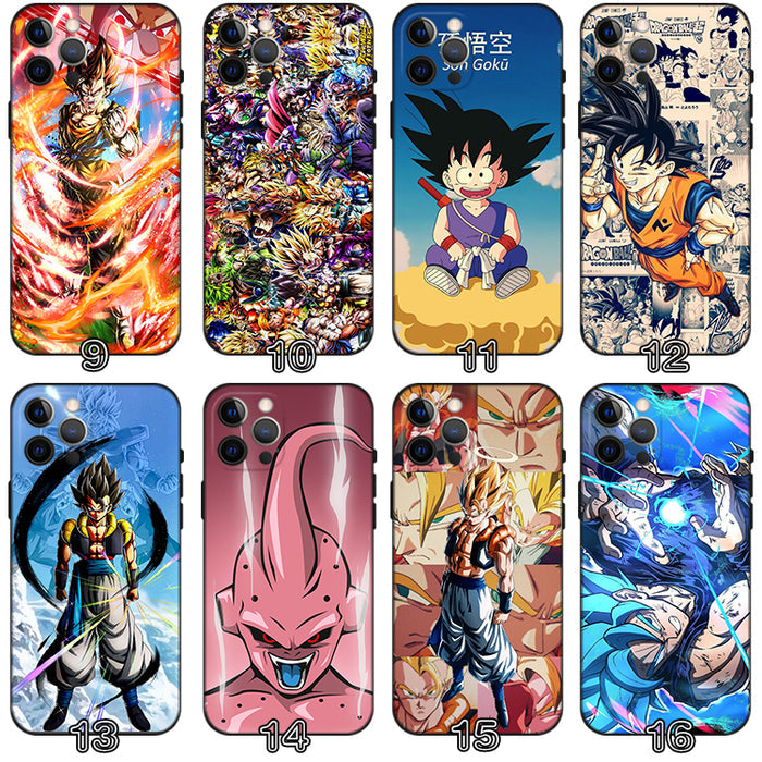 Dragon Ball Phone Cases with Character Designs: black, orange Dragon Ball anime characters and scenes, cartoon anime style