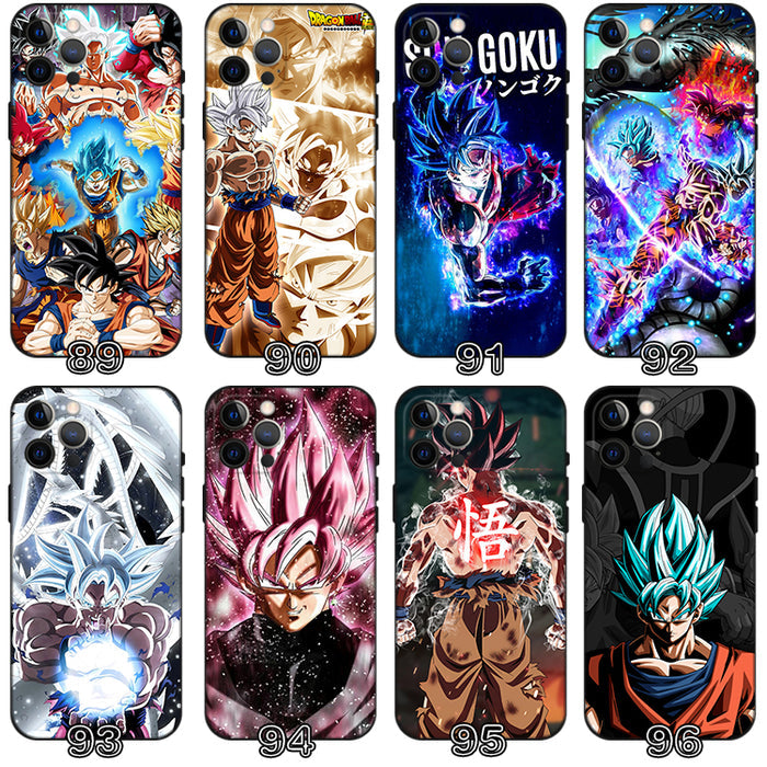 Dragon Ball Phone Cases with Character Designs: black, orange Dragon Ball anime characters and scenes, cartoon anime style