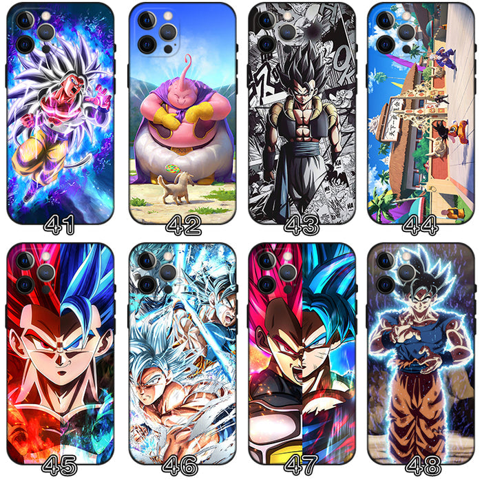 Dragon Ball Phone Cases with Character Designs: black, orange Dragon Ball anime characters and scenes, cartoon anime style