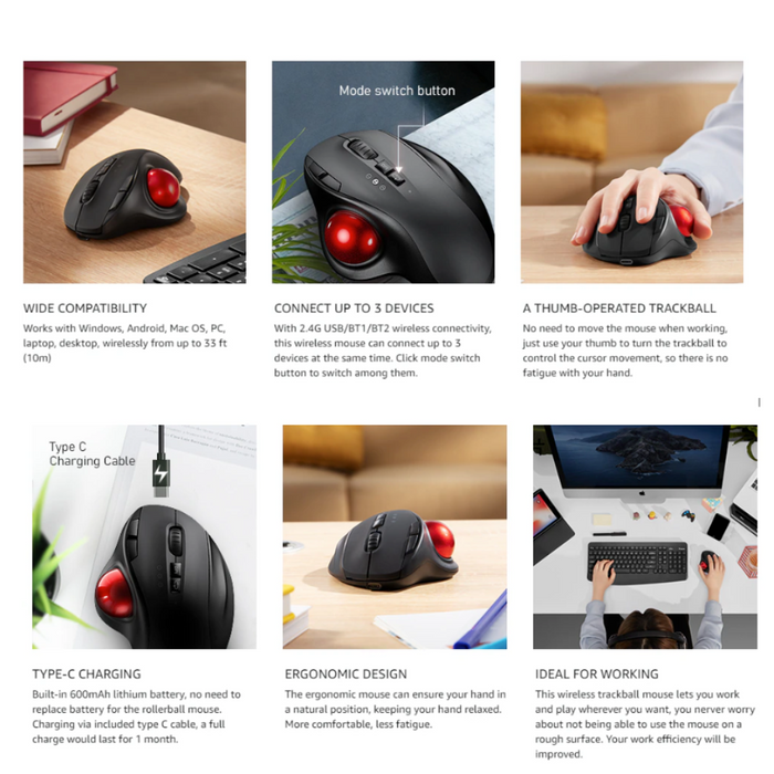 Dragon Wireless Trackball Mouse with 2.4Ghz and Bluetooth Connectivity: black, dark gray wireless computer mouse, modern ergo