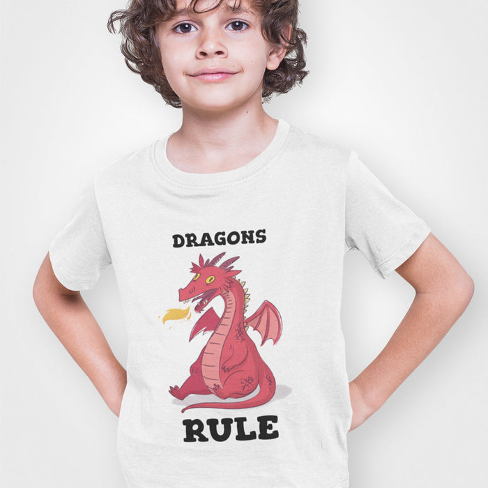 Dragons Rule T-Shirt for Boys: white, red dragon, cartoon graphic style