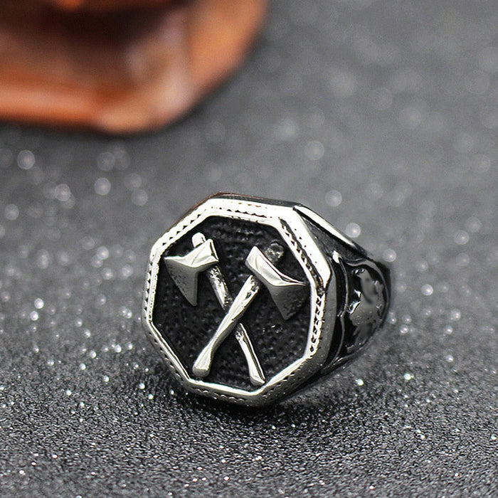 Dual-Bladed Viking Ring: silver, black crossed arrows emblem, bold gothic/medieval-inspired style