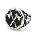 Dual-Bladed Viking Ring: silver, black crossed arrows emblem, bold gothic/medieval-inspired style