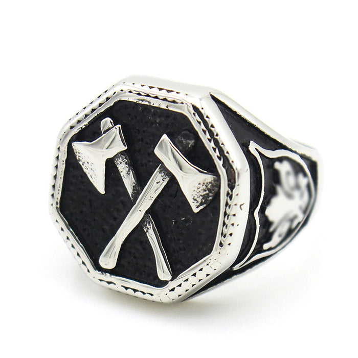 Dual-Bladed Viking Ring: silver, black crossed arrows emblem, bold gothic/medieval-inspired style