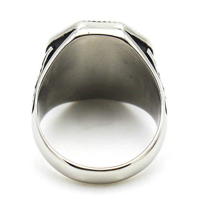 Dual-Bladed Viking Ring: silver, black crossed arrows emblem, bold gothic/medieval-inspired style