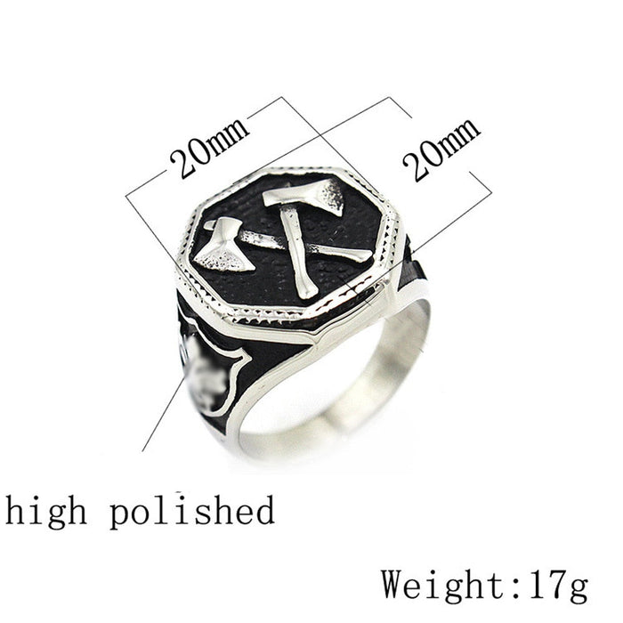 Dual-Bladed Viking Ring: silver, black crossed arrows emblem, bold gothic/medieval-inspired style