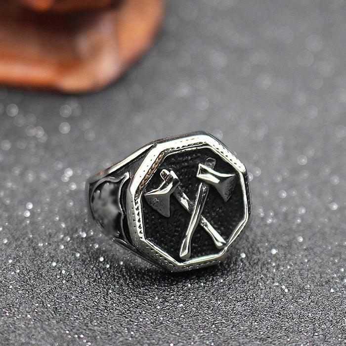 Dual-Bladed Viking Ring: silver, black crossed arrows emblem, bold gothic/medieval-inspired style