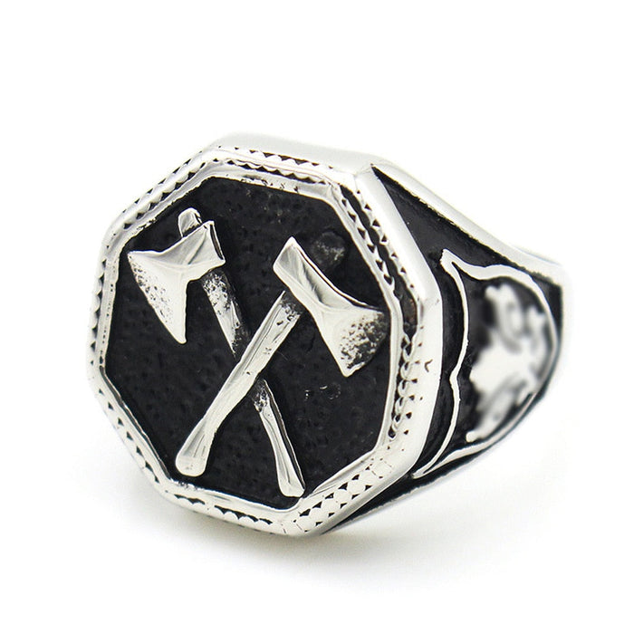 Dual-Bladed Viking Ring: silver, black crossed arrows emblem, bold gothic/medieval-inspired style