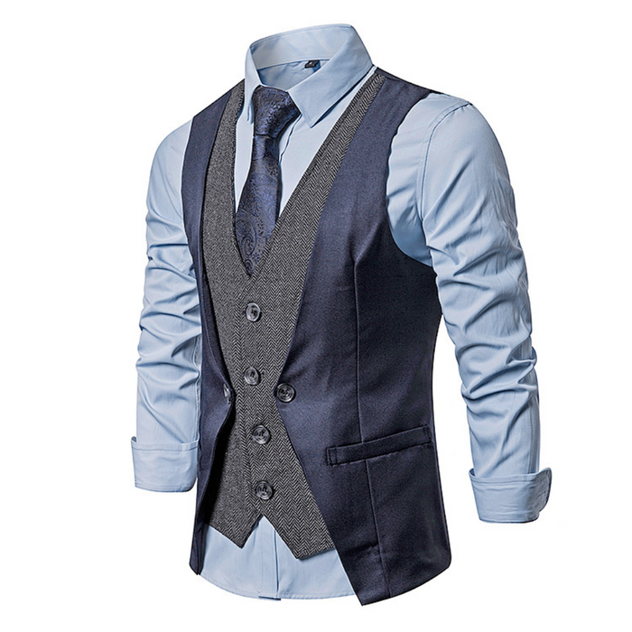 Dual Layer Men's Dress Vest: light blue, dark navy men's formal outfit ensemble