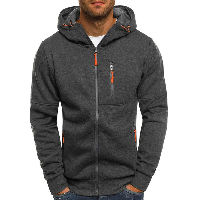 Dual-Zip Men's Lightweight Hooded Sweatshirt: dark charcoal gray, orange hooded zip-up jacket, casual sporty style