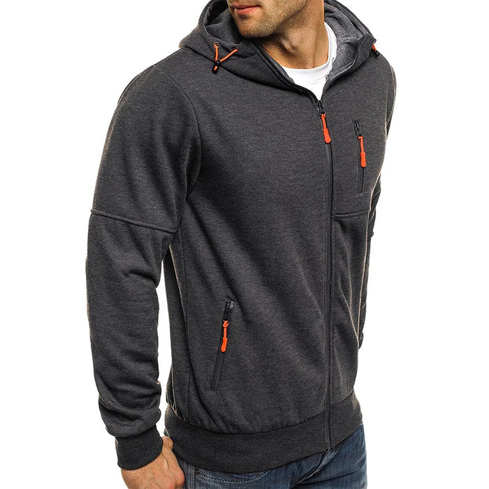 Dual-Zip Men's Lightweight Hooded Sweatshirt: dark charcoal gray, orange hooded zip-up jacket, casual sporty style