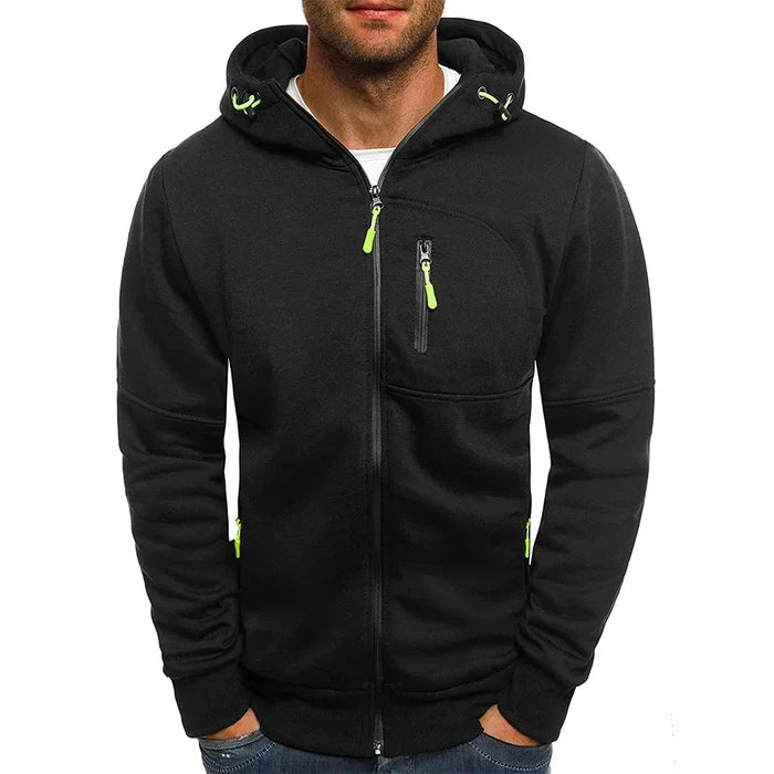 Dual-Zip Men's Lightweight Hooded Sweatshirt: dark charcoal gray, orange hooded zip-up jacket, casual sporty style