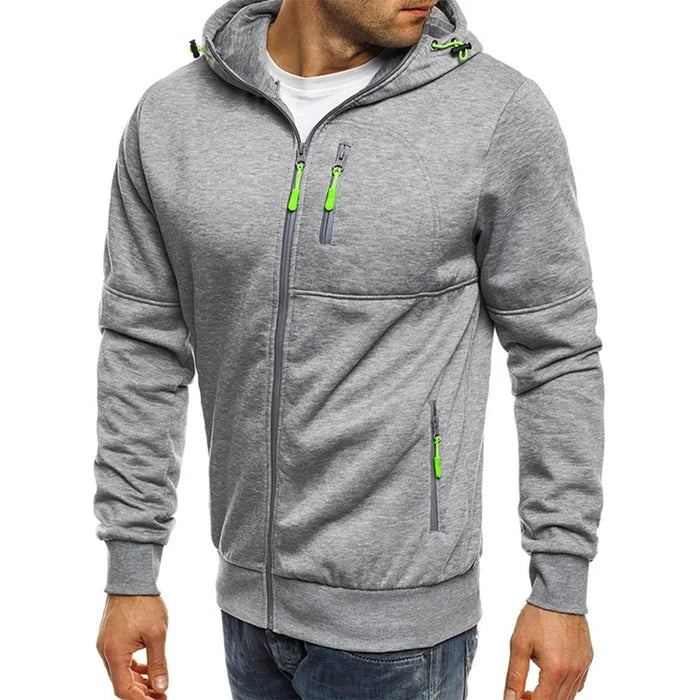 Dual-Zip Men's Lightweight Hooded Sweatshirt: dark charcoal gray, orange hooded zip-up jacket, casual sporty style