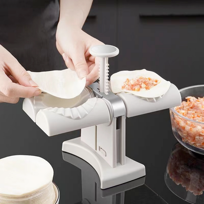 Dumpling Compression Device: white, light gray manual dumpling wrapper press and filling mold, minimal kitchen tool style