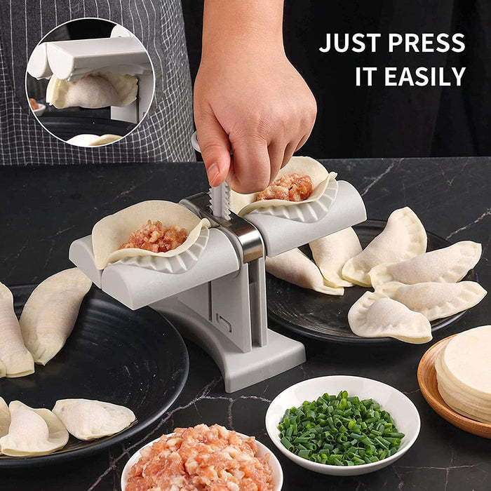 Dumpling Compression Device: white, light gray manual dumpling wrapper press and filling mold, minimal kitchen tool style