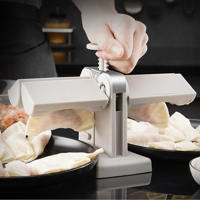 Dumpling Compression Device: white, light gray manual dumpling wrapper press and filling mold, minimal kitchen tool style