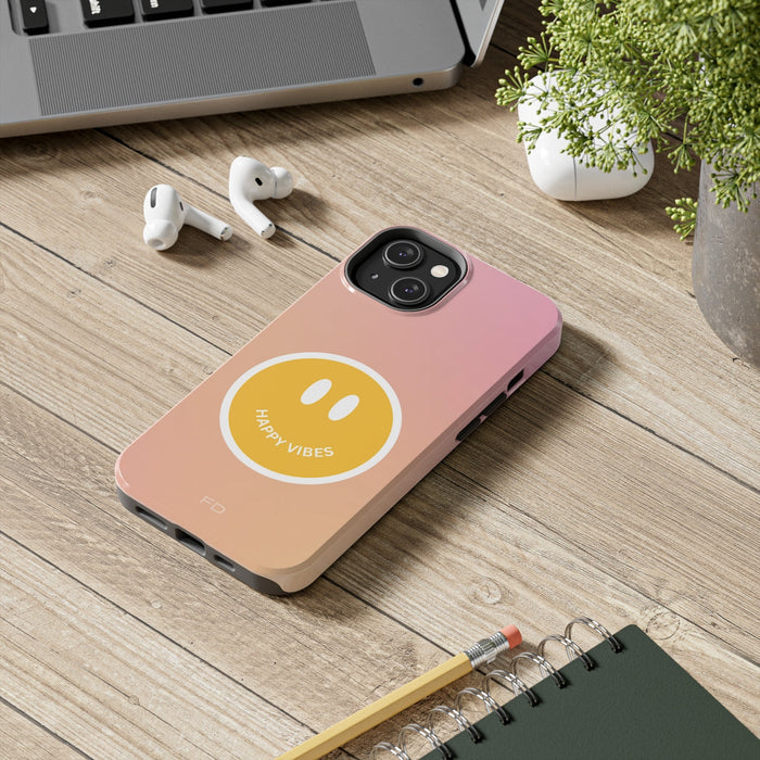 Durable iPhone Case with Qi Charging and Positive Design: pink, peach smiley face, minimal cartoon style