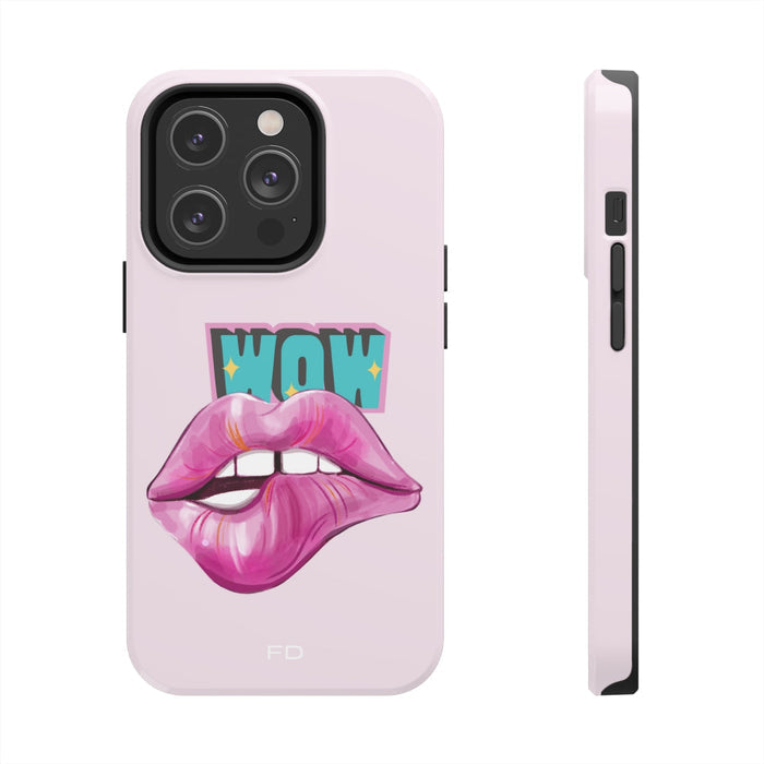 Durable iPhone Case with Wireless Charging for Bold Lips Design: light pink, black stylized lips with "WOW" text, bold cartoo