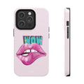 Durable iPhone Case with Wireless Charging for Bold Lips Design: light pink, black stylized lips with "WOW" text, bold cartoo