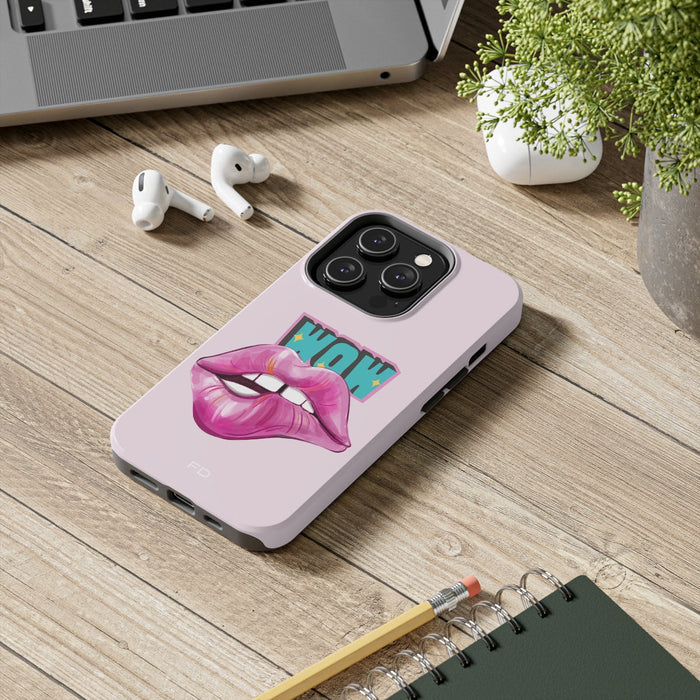 Durable iPhone Case with Wireless Charging for Bold Lips Design: light pink, black stylized lips with "WOW" text, bold cartoo