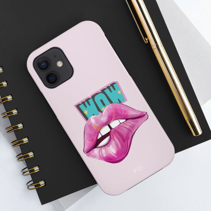 Durable iPhone Case with Wireless Charging for Bold Lips Design: light pink, black stylized lips with "WOW" text, bold cartoo