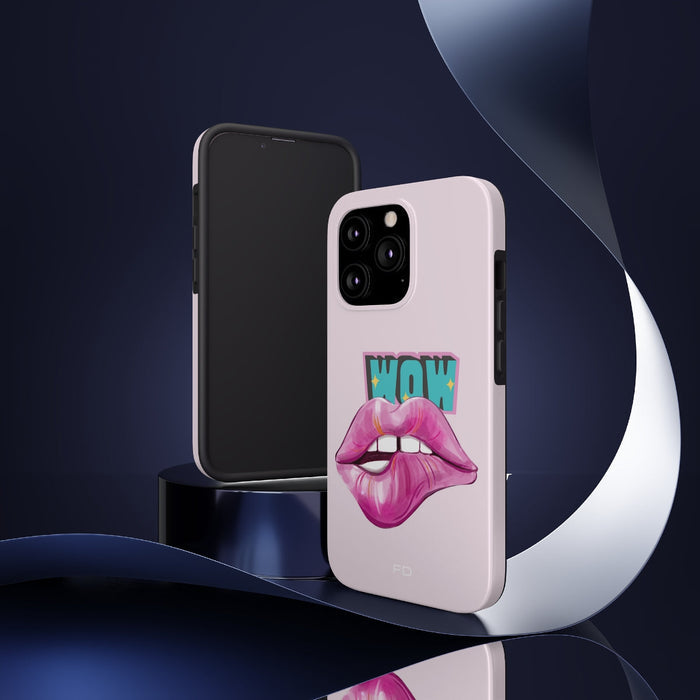 Durable iPhone Case with Wireless Charging for Bold Lips Design: light pink, black stylized lips with "WOW" text, bold cartoo