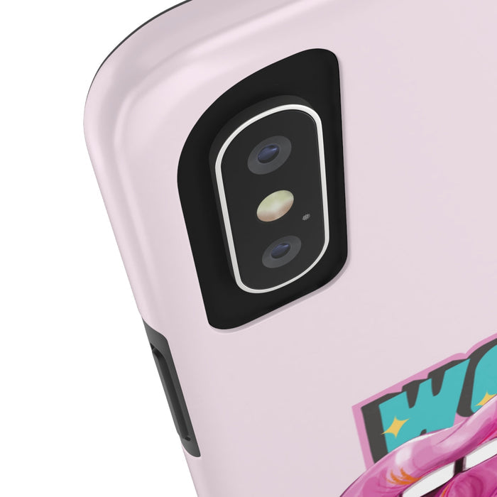 Durable iPhone Case with Wireless Charging for Bold Lips Design: light pink, black stylized lips with "WOW" text, bold cartoo