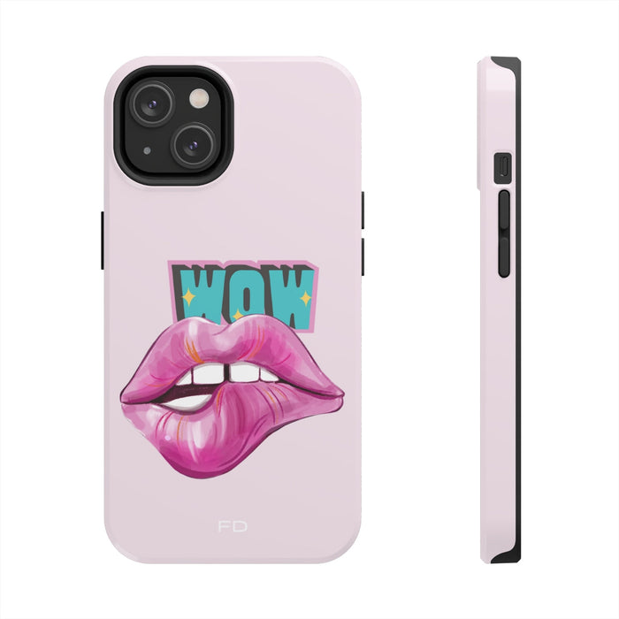 Durable iPhone Case with Wireless Charging for Bold Lips Design: light pink, black stylized lips with "WOW" text, bold cartoo
