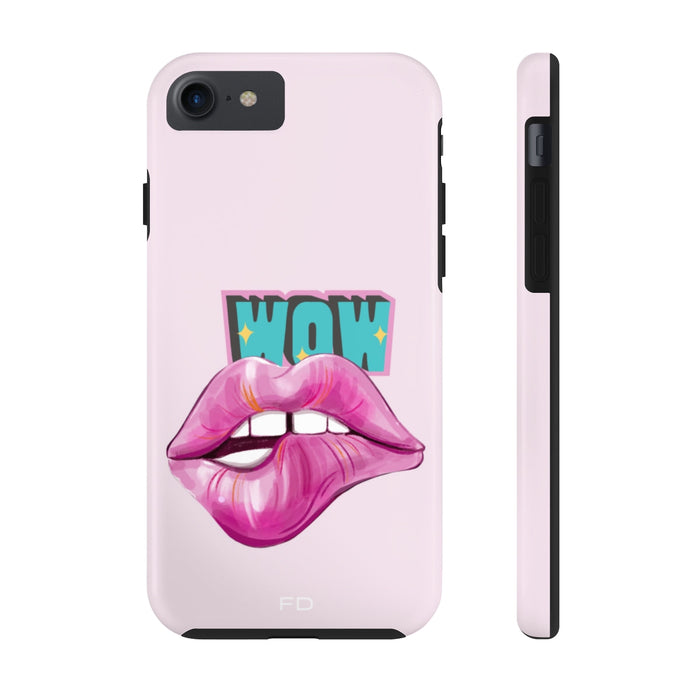 Durable iPhone Case with Wireless Charging for Bold Lips Design: light pink, black stylized lips with "WOW" text, bold cartoo
