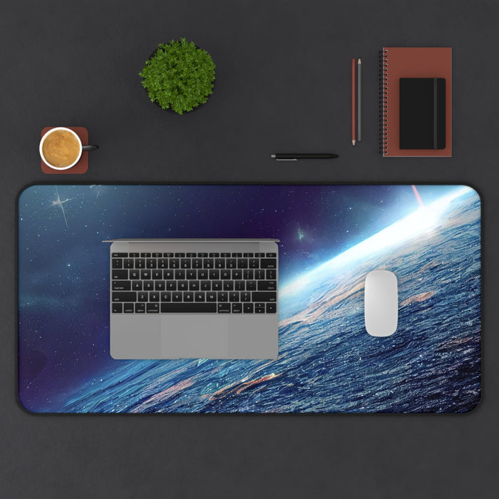 Earth Desk Mat, A Tranquil Yet Functional Addition to Your Workspace: dark blue, purple space/Earth horizon theme, realistic
