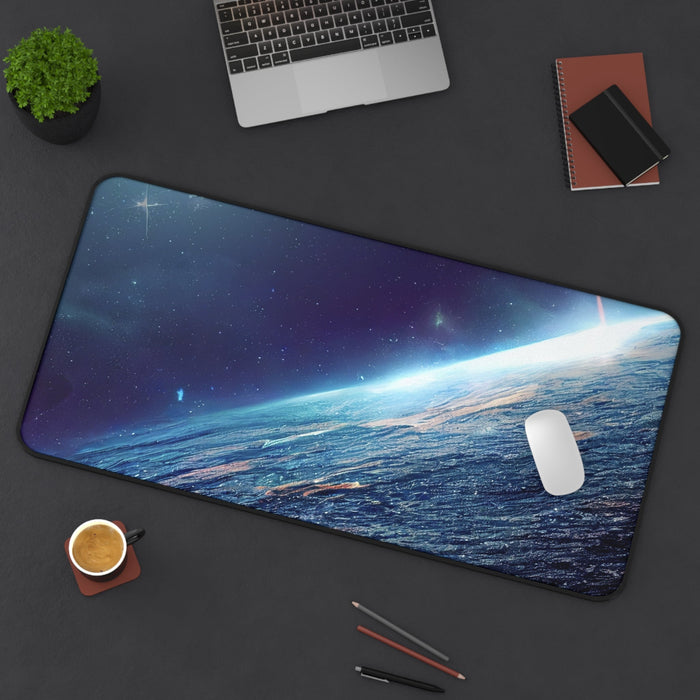 Earth Desk Mat, A Tranquil Yet Functional Addition to Your Workspace: dark blue, purple space/Earth horizon theme, realistic