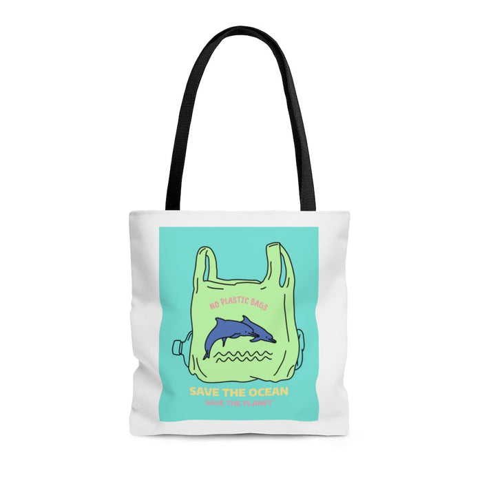 Earth-Saving Dolphins Edition Medium Shopper Tote Bag: white, black dolphin and ocean conservation theme, cartoon illustratio